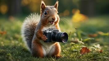 AI generated Cute friendly squirrel with a camera in the park photo