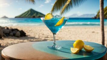 AI generated Blue cocktail in a beautiful glass, lemon, day against the sea photo