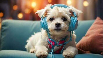 ai generado linda maltés perro vistiendo auriculares en el habitación foto