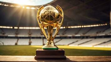 AI generated football championship gold cup at the stadium photo