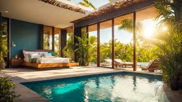 AI generated Bedroom with pool, tropical plants photo