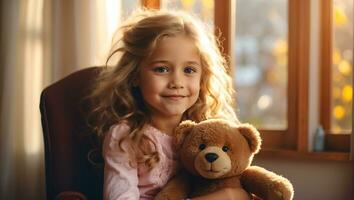 ai generado retrato de un pequeño niña con un osito de peluche oso en el habitación foto