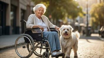 AI generated Elderly woman in a wheelchair with a dog outside in the park photo