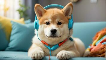 AI generated cute Akita Inu dog wearing headphones in the room photo