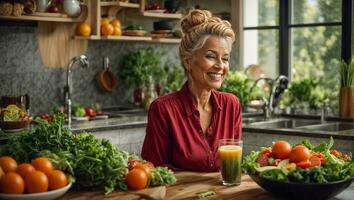 ai generado adulto mujer en el cocina con diferente vegetales y frutas foto