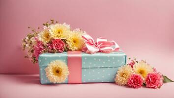 AI generated Gift box with bow and flowers photo