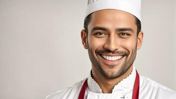 ai generado retrato de un masculino cocinero en un ligero antecedentes foto