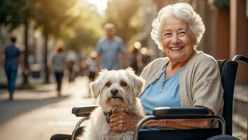 ai generado mayor mujer en un silla de ruedas con un perro fuera de en el parque foto