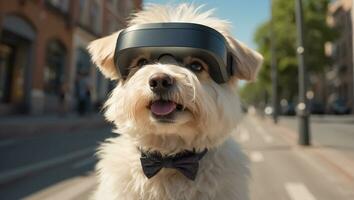 AI generated Cute dog wearing virtual reality glasses on the street photo