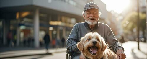 ai generado mayor hombre en un silla de ruedas con un perro en el calle foto