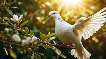 AI generated White dove on a background of a tree branch photo