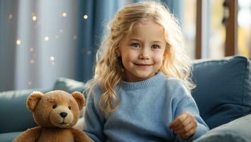 ai generado retrato de un pequeño niña con un osito de peluche oso en el habitación foto