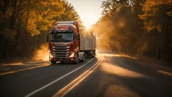 AI generated Truck driving down the road in summer photo