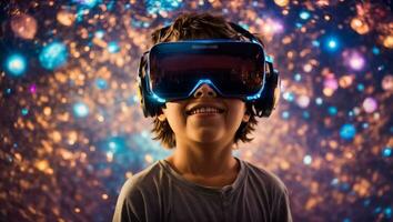 AI generated Little boy in virtual reality glasses photo