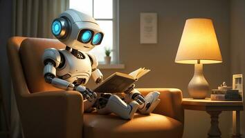 ai generado robot leyendo un libro en el habitación foto