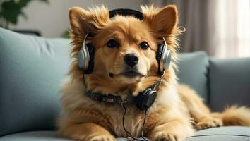 AI generated cute dog wearing headphones in the room photo