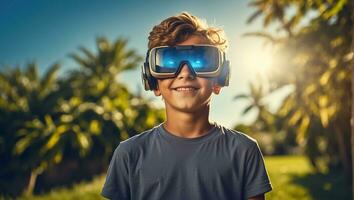 AI generated Boy in virtual reality glasses on the streets in summer photo