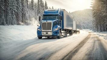 AI generated Truck driving along a snowy road during the day photo