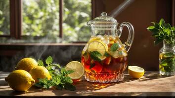 AI generated Cold tea with lemon and mint on the table in glass photo