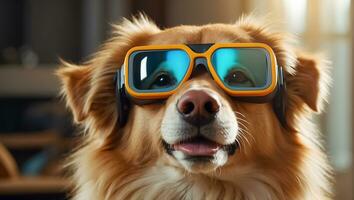 ai generado linda perro con lentes a hogar foto