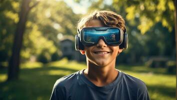 AI generated Boy in virtual reality glasses on the streets in summer photo