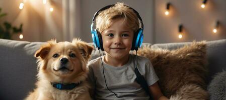 AI generated little boy in headphones with a dog in the room photo