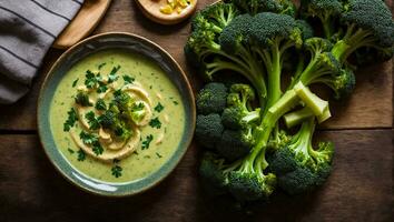 AI generated Appetizing cream of broccoli soup on the table photo