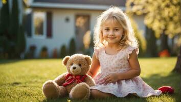 AI generated Little girl with a teddy bear in nature against the background of a house photo