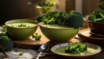 AI generated Appetizing cream of broccoli soup on the table photo