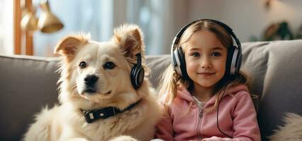 ai generado pequeño niña en auriculares con un perro en el habitación foto