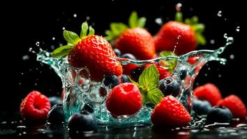 ai generado Fresco fresas, arándanos agua gotas en un oscuro antecedentes foto