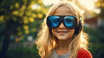 ai generado niña en virtual realidad lentes en el calles en verano foto