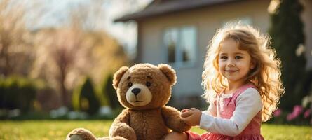 AI generated Little girl with a teddy bear in nature against the background of a house photo