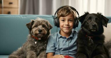 AI generated little boy in headphones with a dog in the room photo