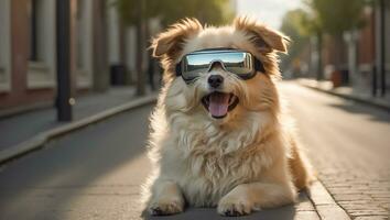 ai generado linda perro vistiendo virtual realidad lentes en el calle foto