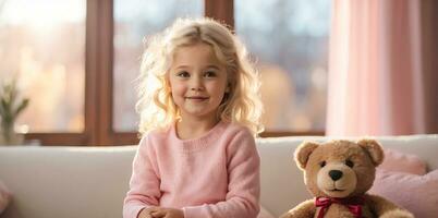 ai generado retrato de un pequeño niña con un osito de peluche oso en el habitación foto