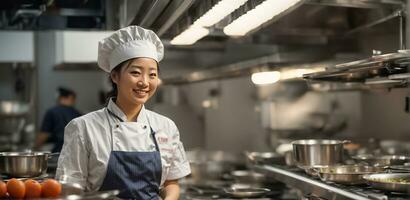 ai generado contento asiático mujer cocinar en restaurante cocina foto