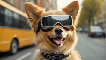 AI generated Cute dog wearing virtual reality glasses on the street photo