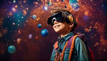 AI generated Little boy in virtual reality glasses photo