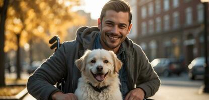 ai generado hombre en un silla de ruedas con un perro en el calle foto