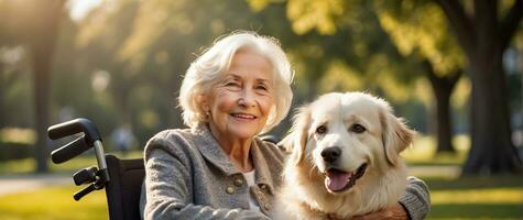 ai generado mayor mujer en un silla de ruedas con un perro fuera de en el parque foto