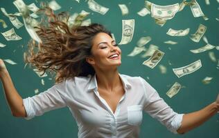 AI generated Happy beautiful girl falling dollars photo