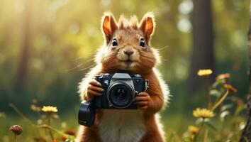 AI generated Cute friendly squirrel with a camera in the park photo