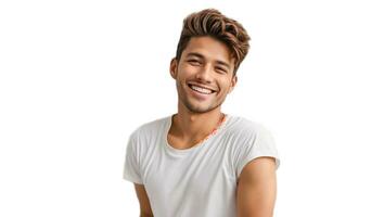 AI generated Happy young guy in a white T-shirt isolated photo