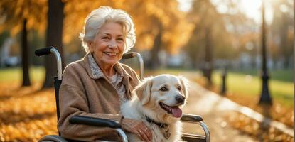 ai generado mayor mujer en un silla de ruedas con un perro fuera de en el parque foto