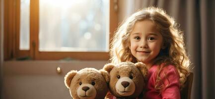 ai generado retrato de un pequeño niña con un osito de peluche oso en el habitación foto