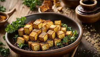 ai generado frito tofu queso con sésamo semillas en el cocina foto