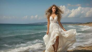 AI generated Beautiful girl in a white dress against the background of the sea photo