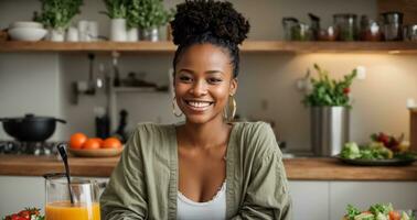 AI generated Beautiful afro american girl in the kitchen with different vegetables and fruits photo