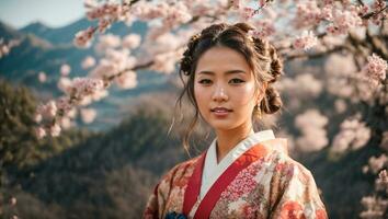 ai generado retrato de un hermosa japonés chica, flor foto